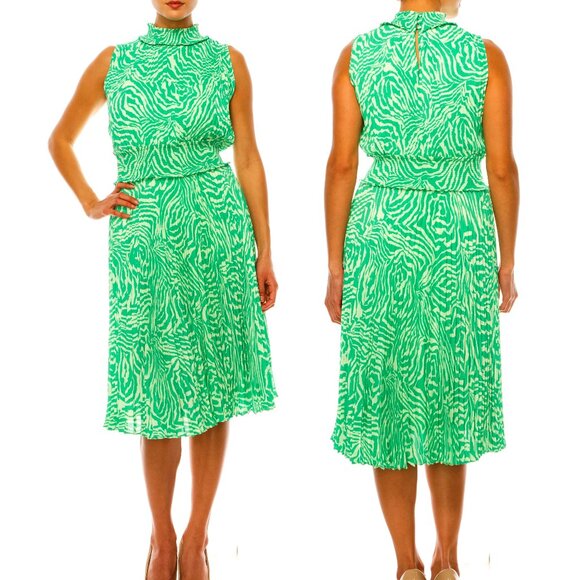 NANETTE nanette lepore Animal Print Smocked & Pleated Dress in Green size 8 NWT - Picture 1 of 13